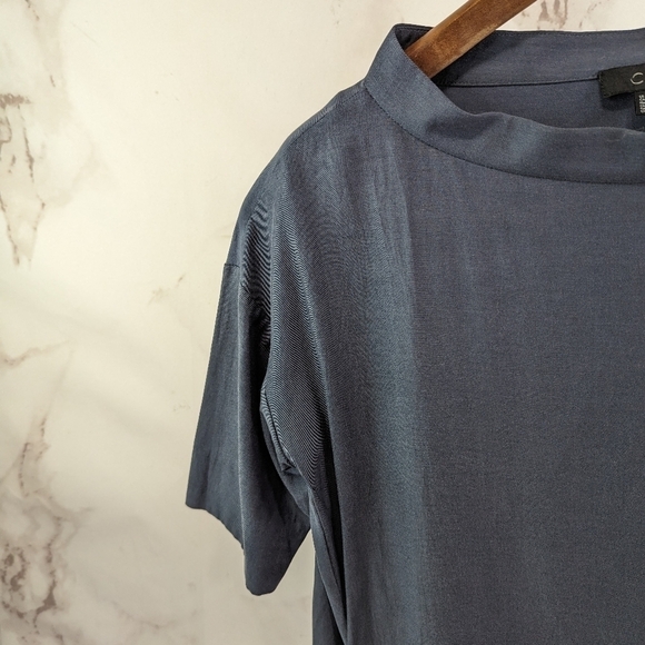 COS Dress Womens 4 Small Blue Shift Mock Neck Pockets Cupro Tunic Short Mini - Picture 2 of 11